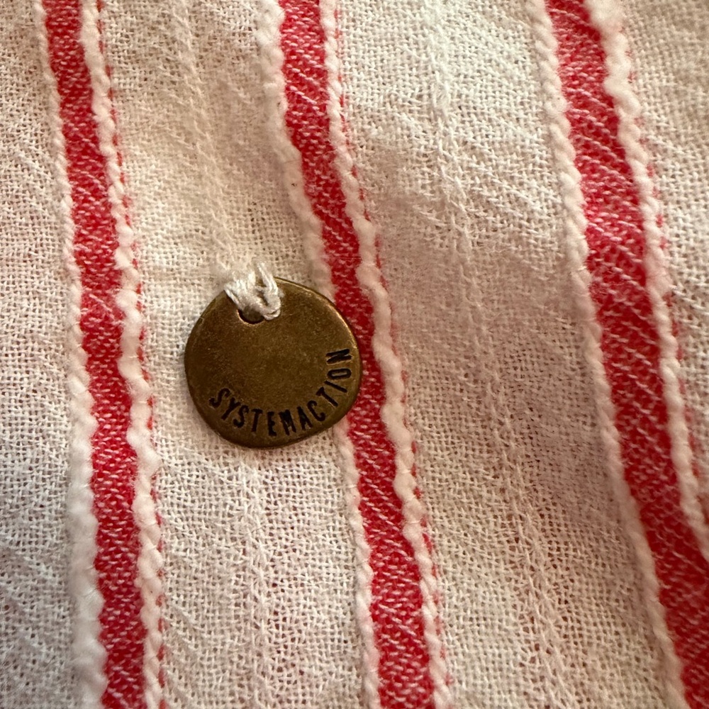 Striped Cuffed Sleeveless Blouse V-Neck Cream Red Systemaction Size XL - Picture 3 of 7